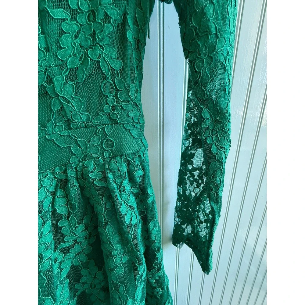 NSR Emerald Green Lace Tiered Midi Dress V-Neck S Romantic Whimsygoth Fairy